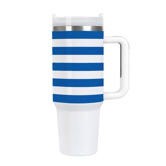 [Brand] tumbler with blue and white striped design, handle.