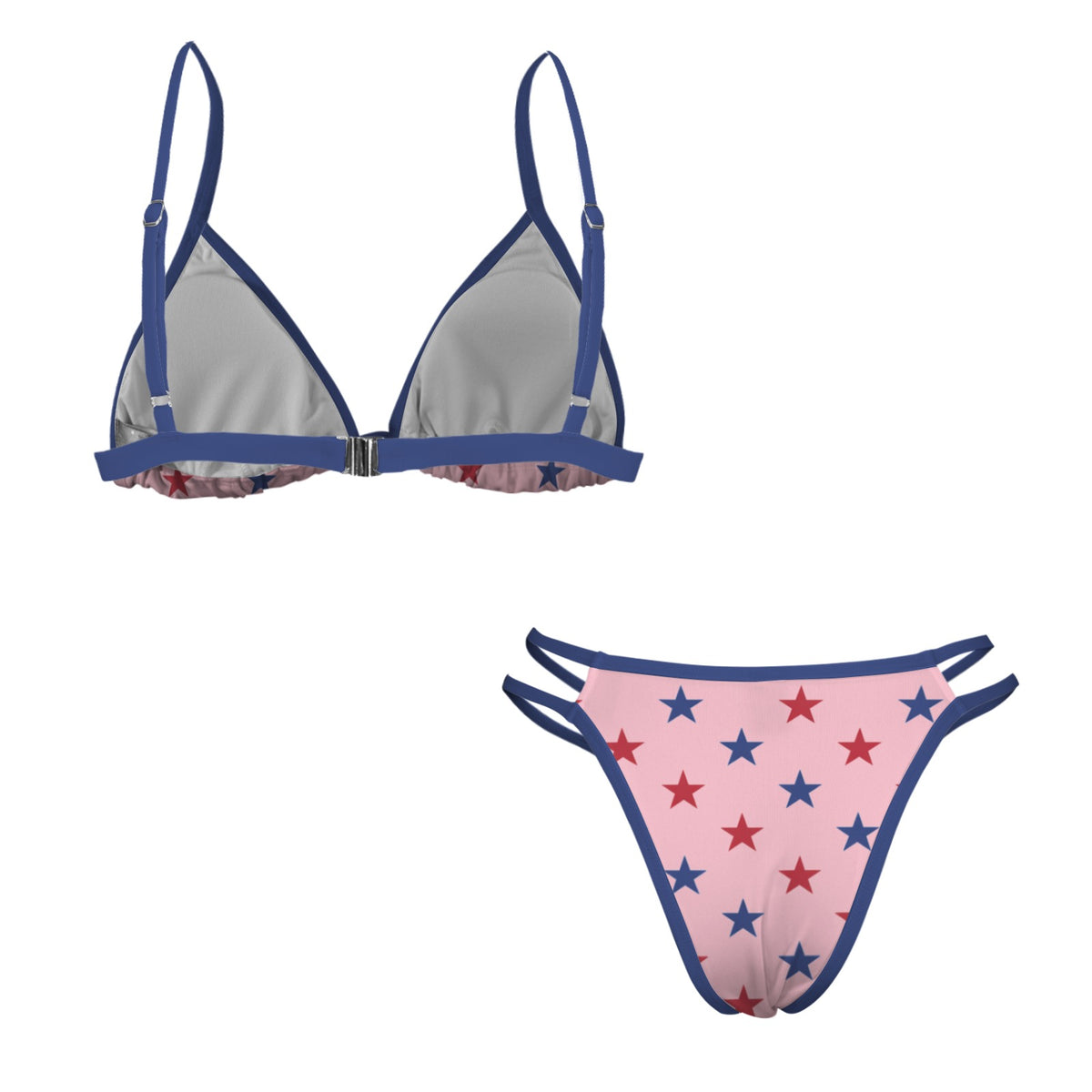 USA/American Flag Inspired Red and Blue Stars on Pink with Blue String Double-Strap Triangle Bikini Set