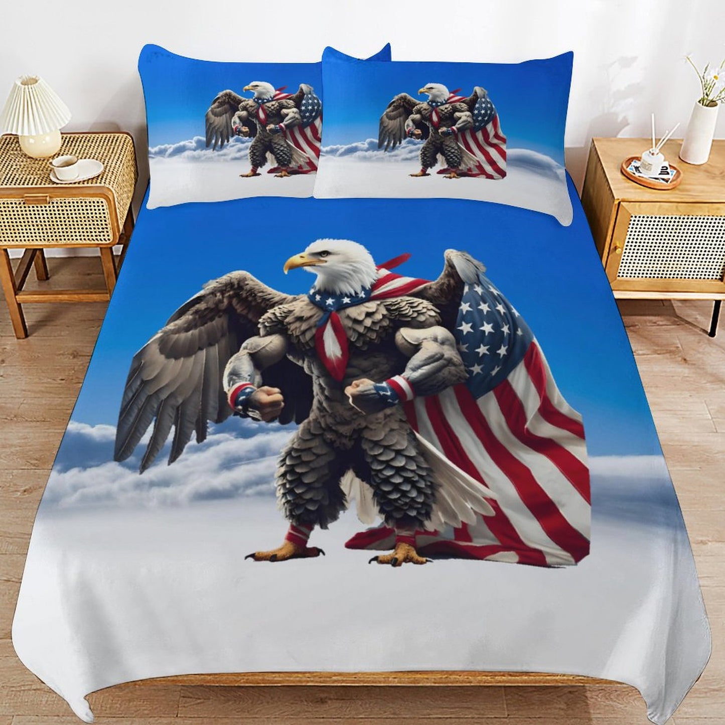 USA/American Flag Inspired Eagle with Cape On The Clouds 3-Piece Bedding Set (1 Duvet Cover + 2 Pillow Shams) – 102"×90"