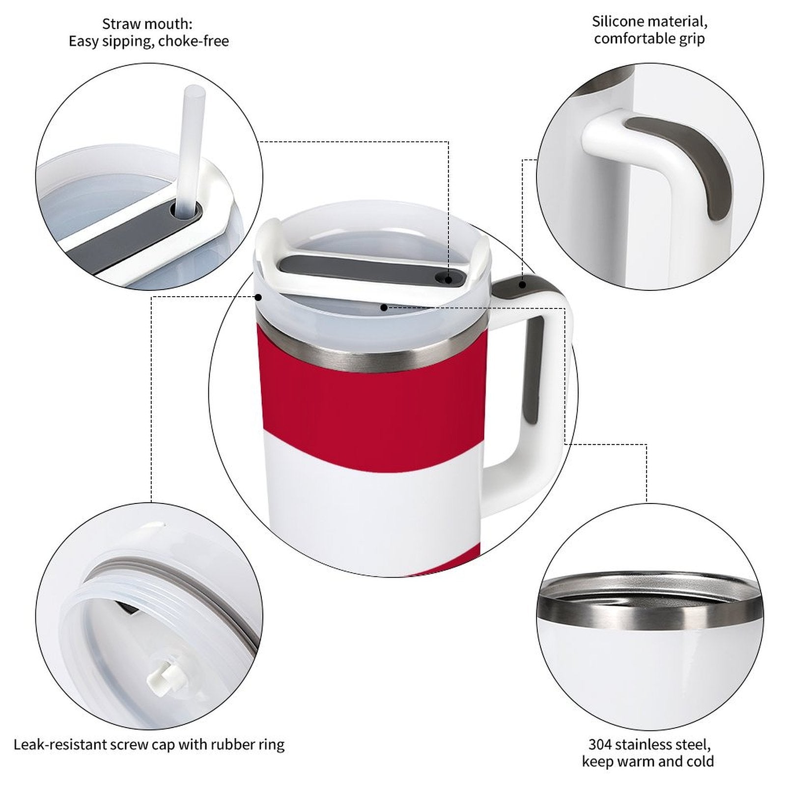 [Brand] tumbler with straw, silicone grip, stainless steel features.
