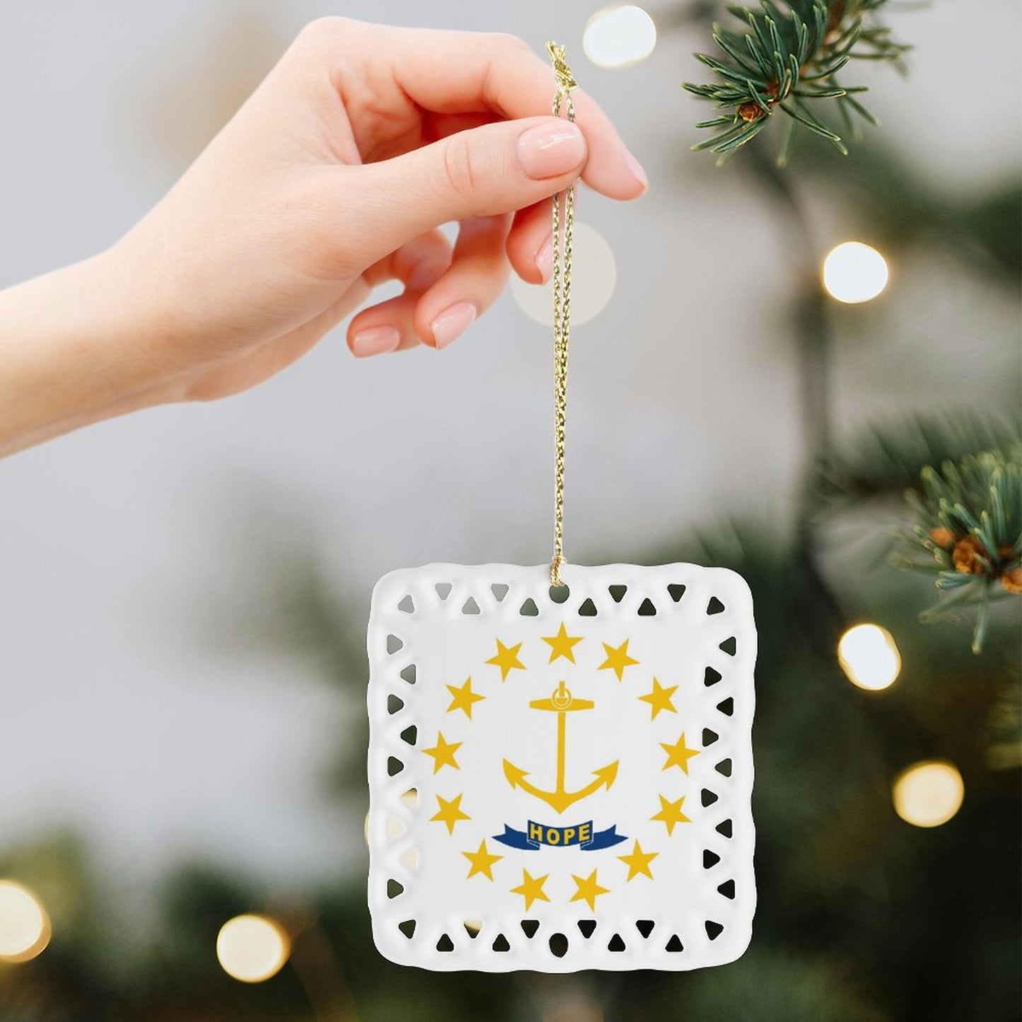 Rhode Island Flag Inspired Square Ceramic Ornament Made in the USA