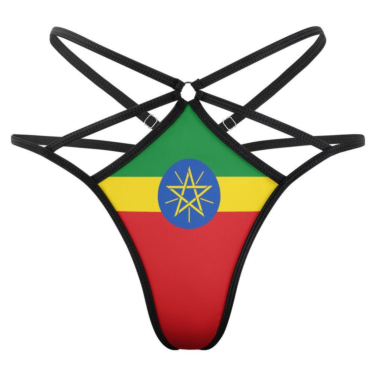 String bikini with Ethiopian flag design by [Brand].