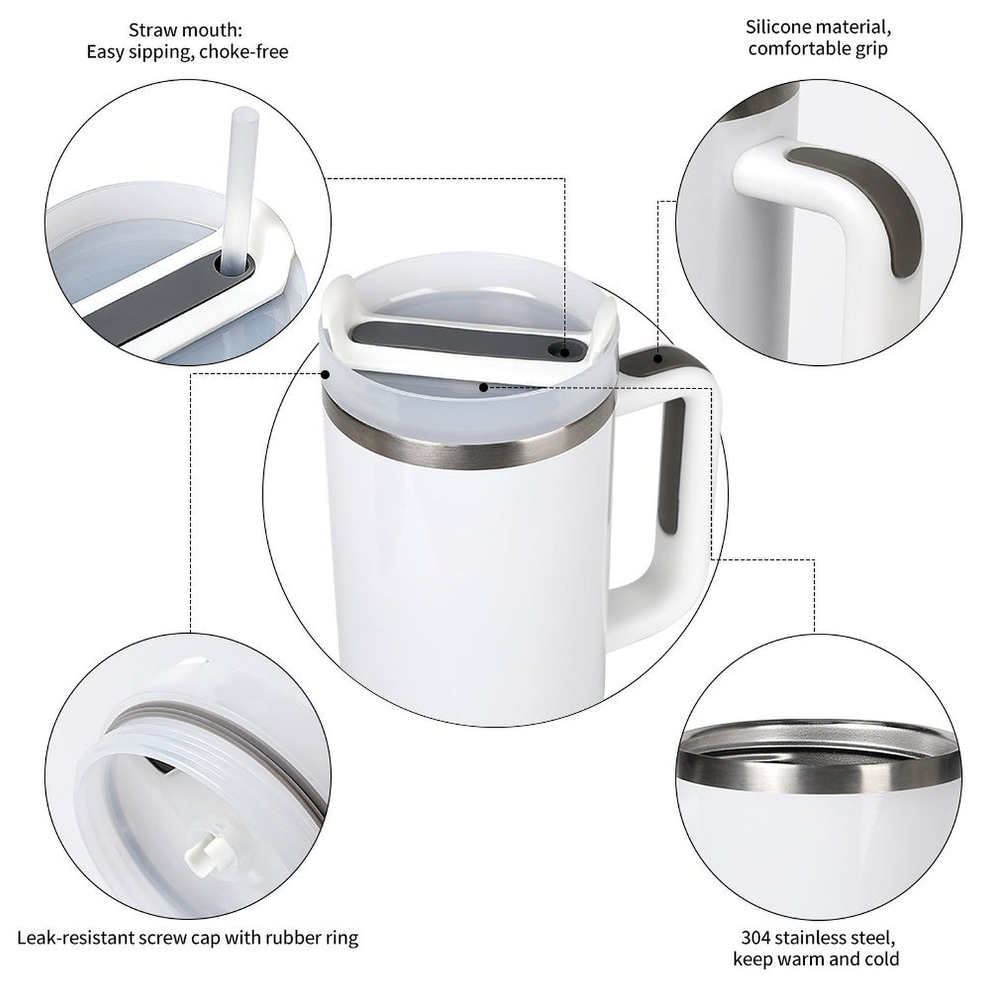 [Brand] white stainless steel thermos with silicone grip handle.