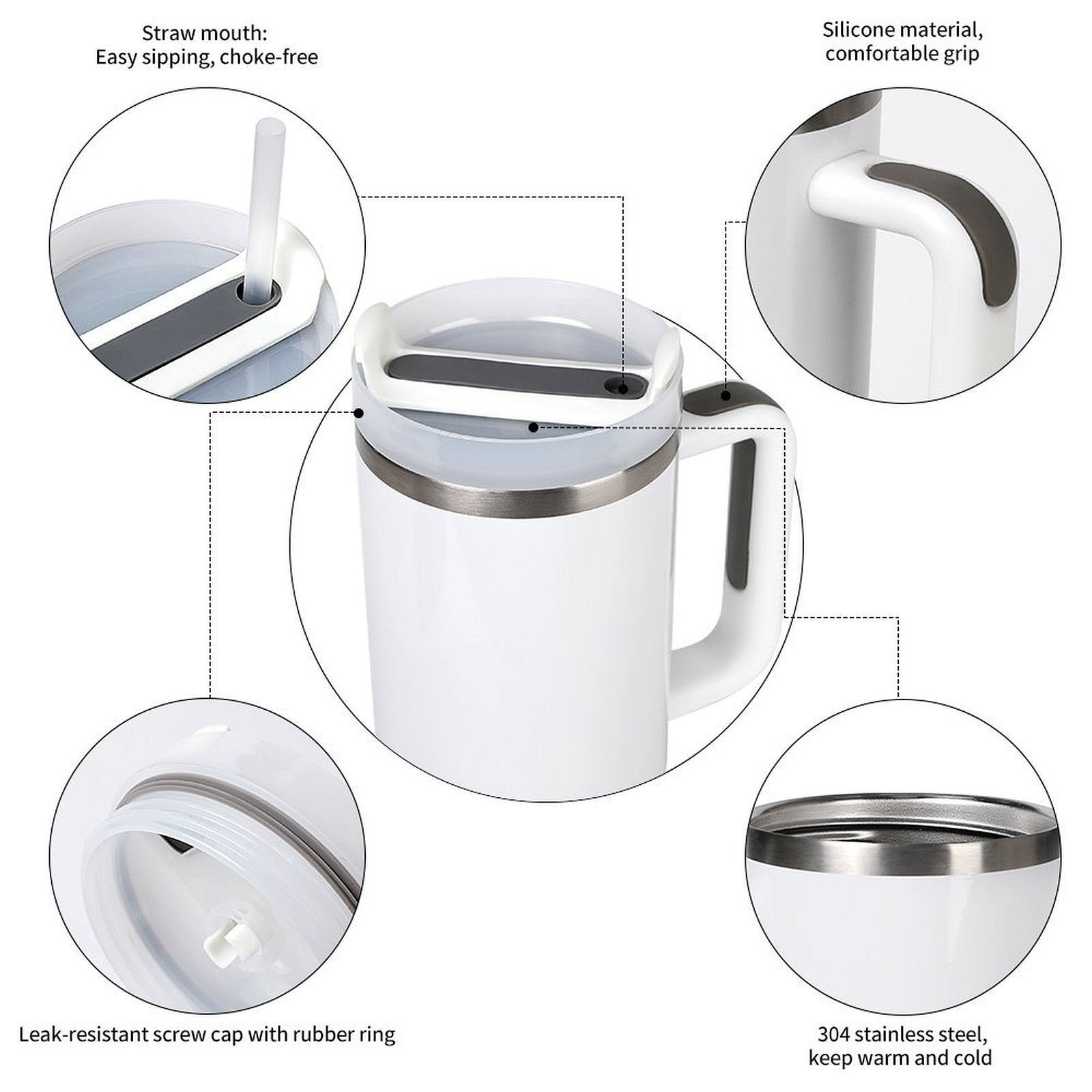 [Brand] white stainless steel thermos with silicone grip handle.