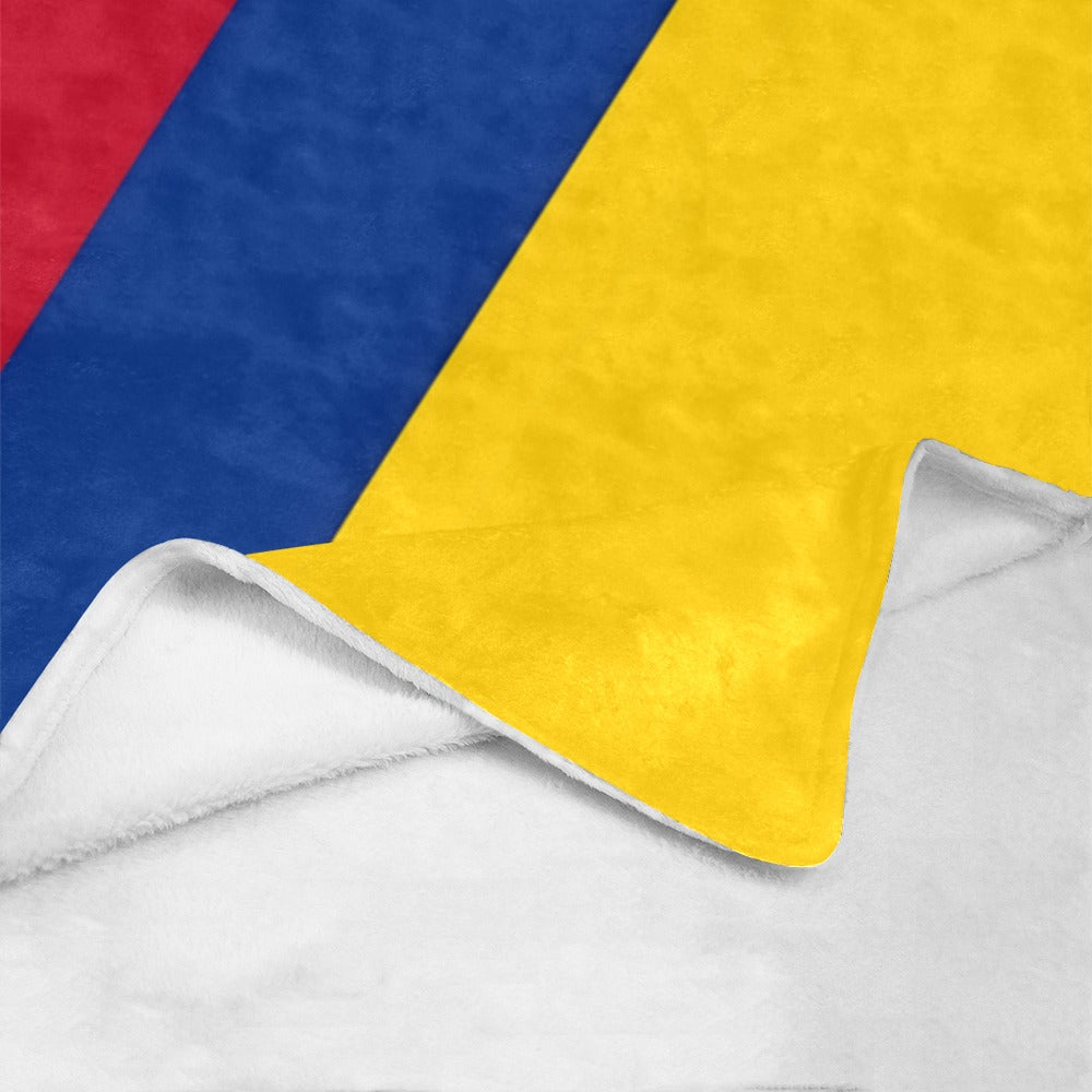 Luv My Flag fleece blanket with colorful patriotic design.