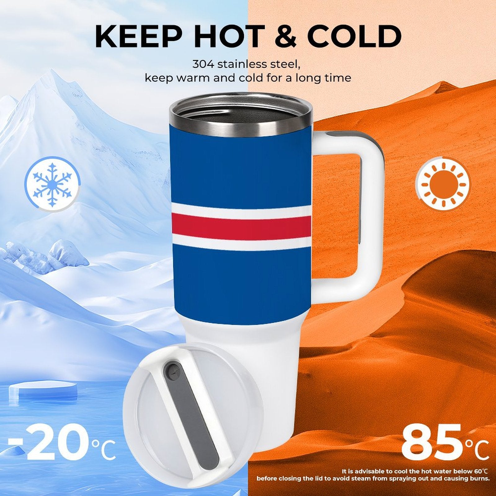 Blue [Brand] travel mug for hot and cold drinks.