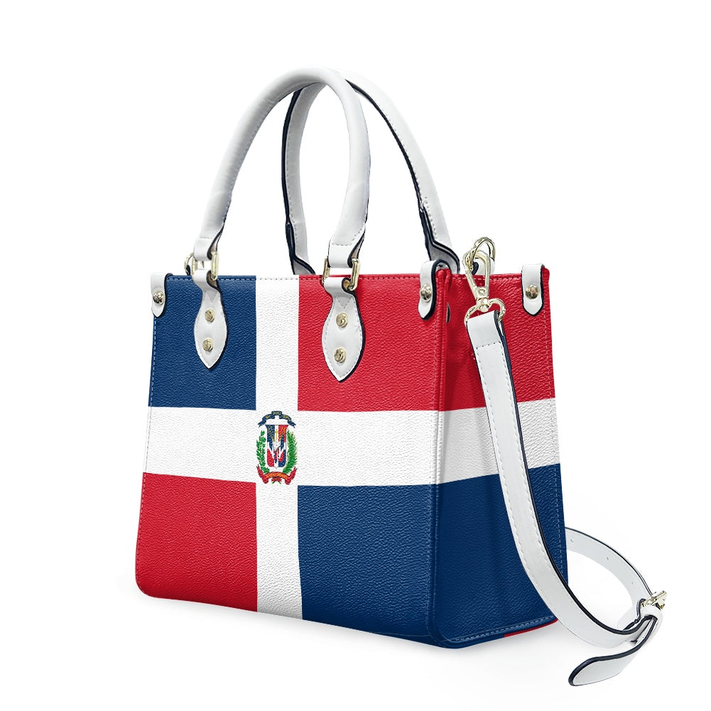 [Brand] handbag featuring Dominican flag design with white straps.