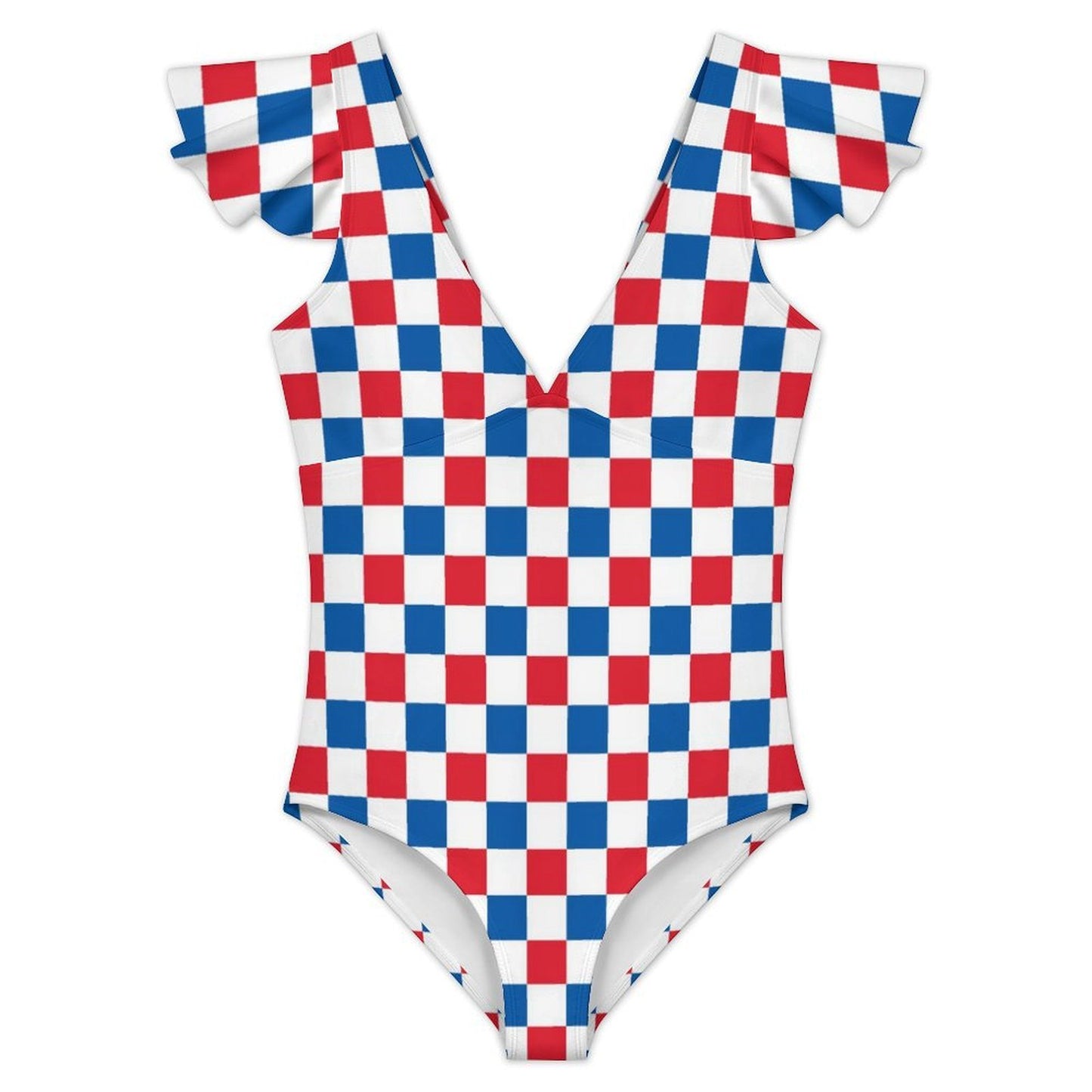 USA/American Flag Inspired Checkered Pattern Women's V-neck Ruffle Sleeve One Piece Swimsuit