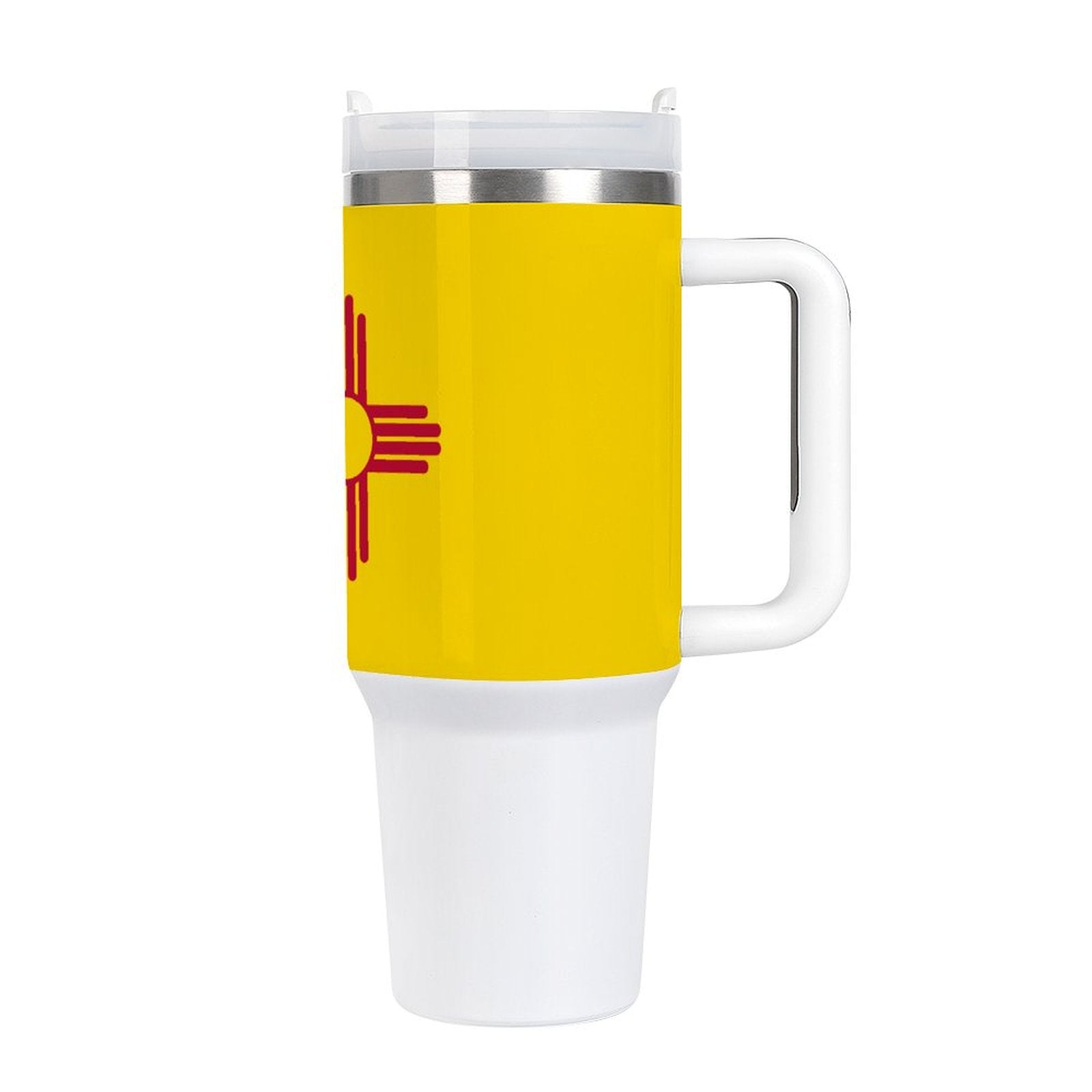 [Brand] travel mug with New Mexico flag design, handle.
