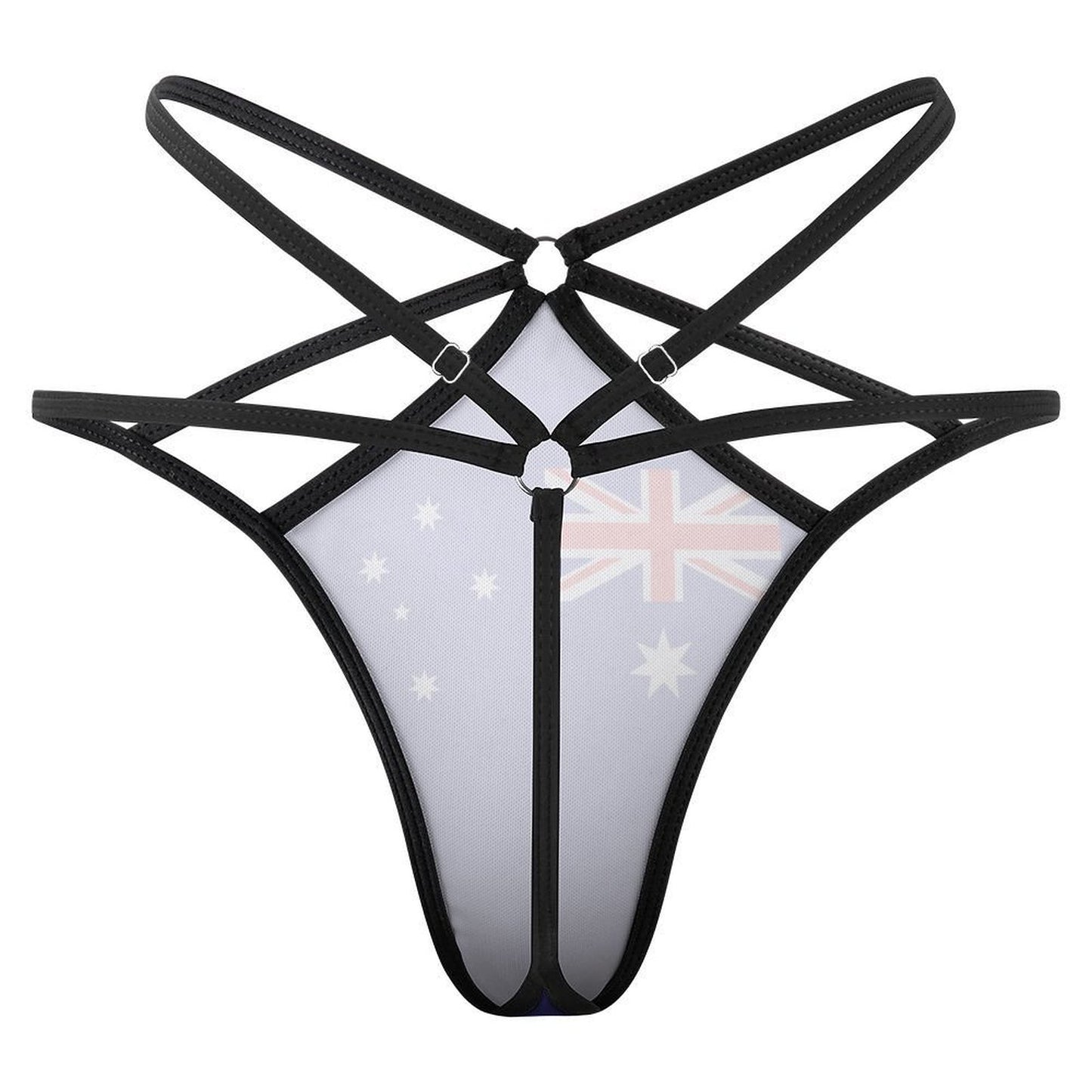 [Brand] Australian flag-themed black strappy thong with ring accents.