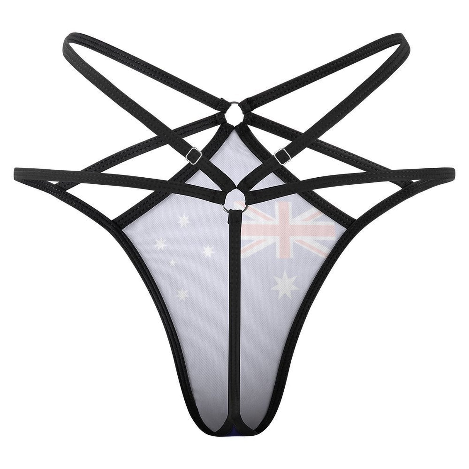 [Brand] Australian flag-themed black strappy thong with ring accents.