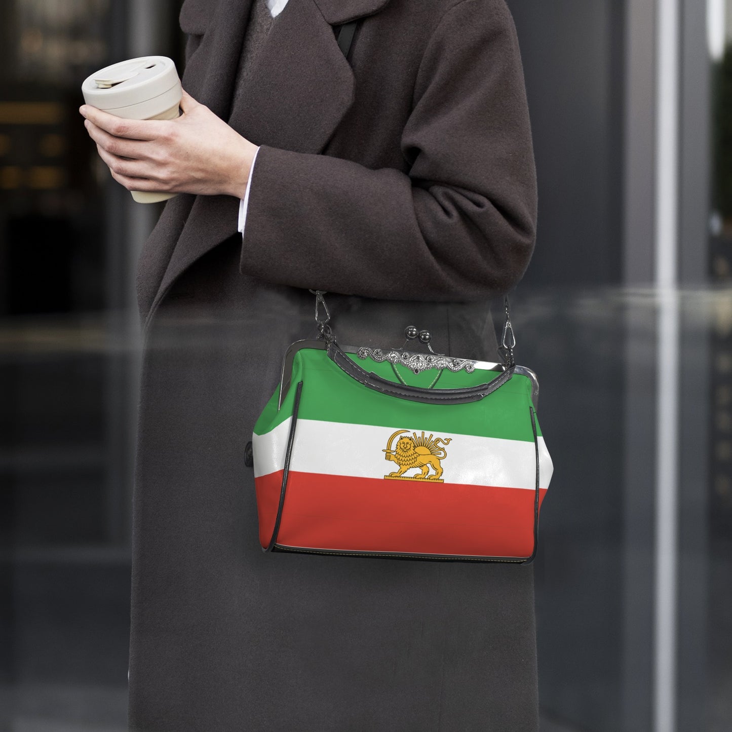 Iran Lion and Sun Flag Inspired Kisslock Crossbody Shoulder Bag