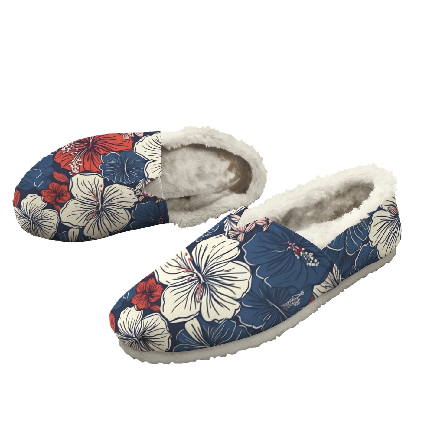 USA/American Flag Inspired Hawaiian Floral Pattern Women's Fleece-Lined Canvas Slip-On
