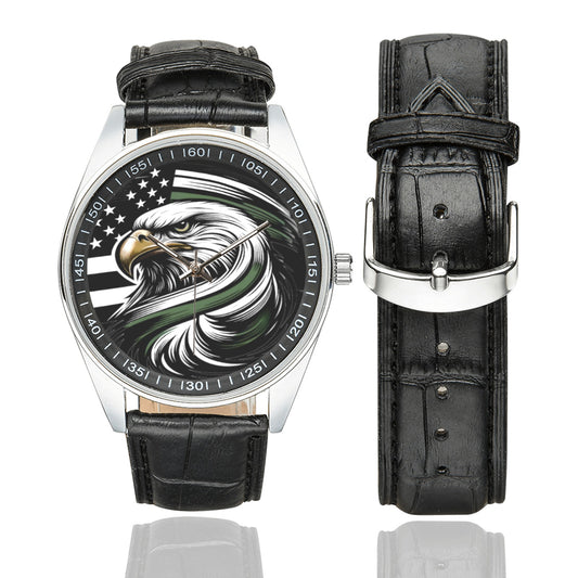 Thin Green Line Eagle Men's Casual  Leather Strap Watch