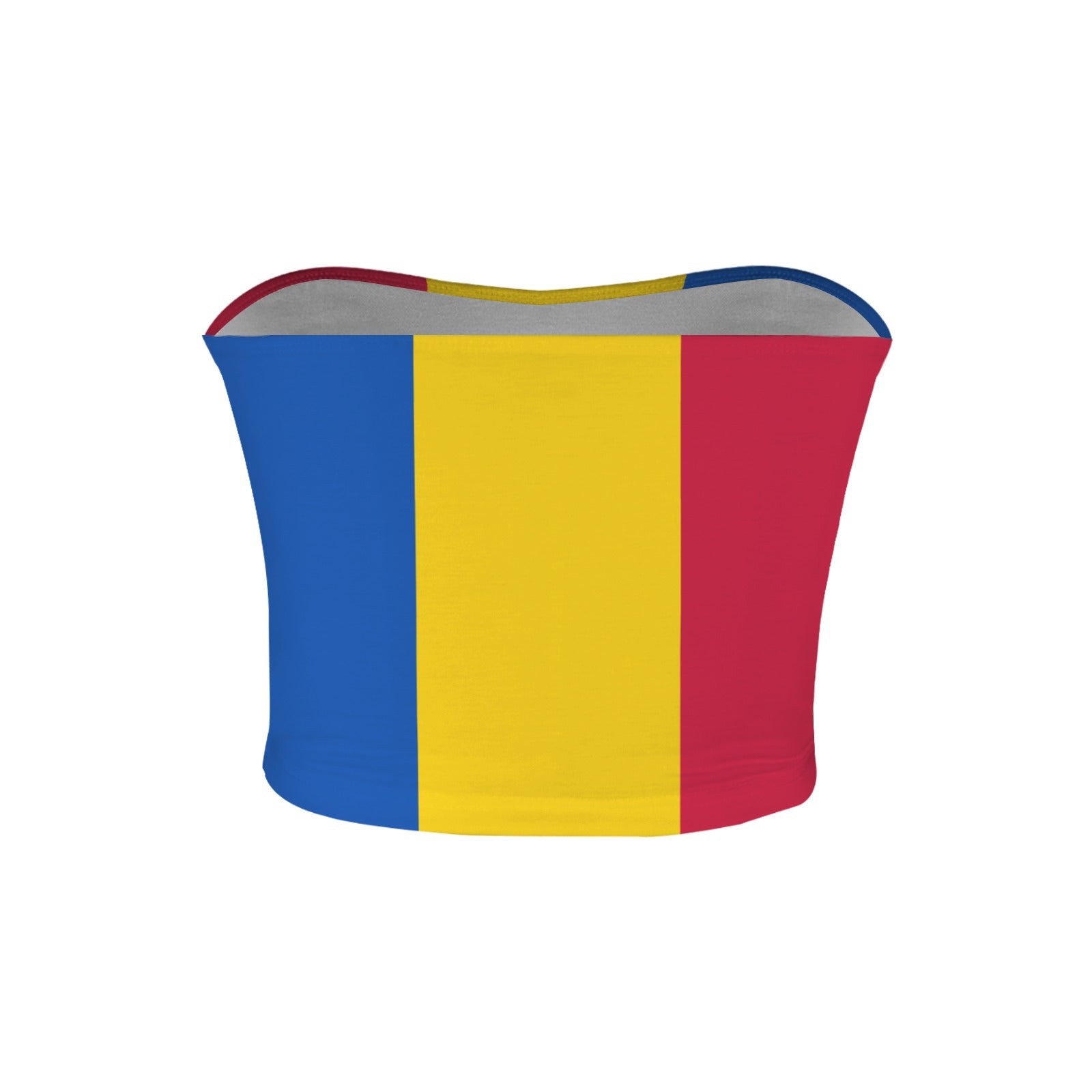 [Brand] tube top with Romanian flag colors: blue, yellow, red.