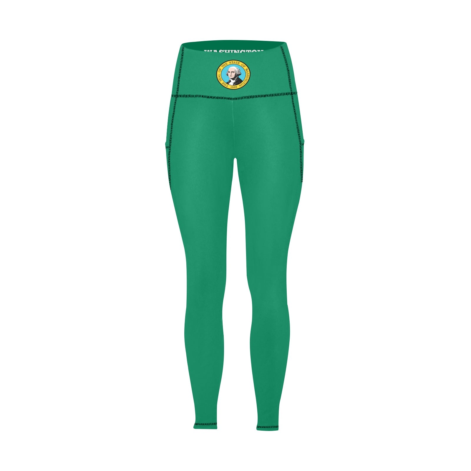 Green leggings with her hands in the pockets.  The leggings have George Washington, the state of Washington seal on the waist