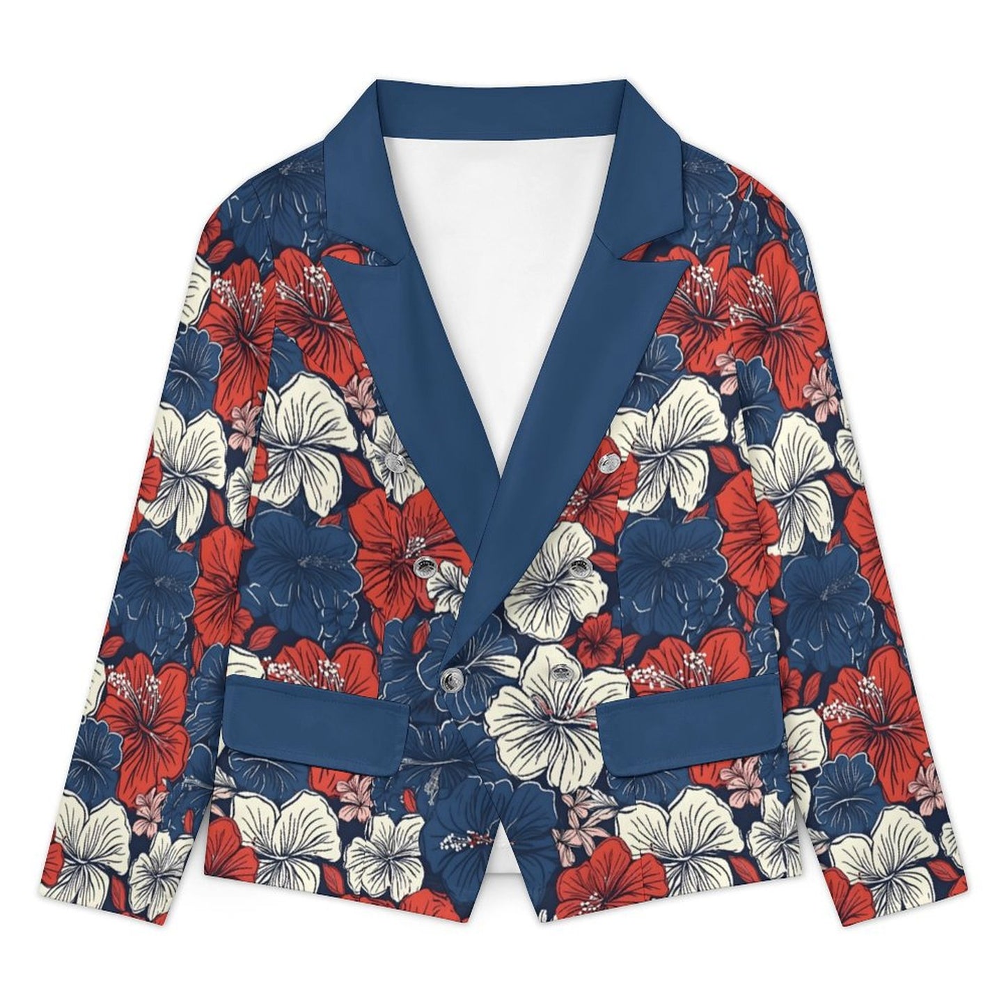 USA/American Flag Inspired Hawaiian Floral Pattern Women’s Double Breasted Blazer