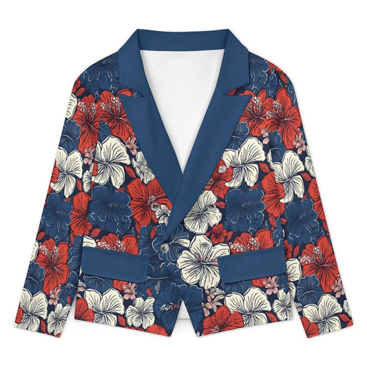 USA/American Flag Inspired Hawaiian Floral Pattern Women’s Double Breasted Blazer