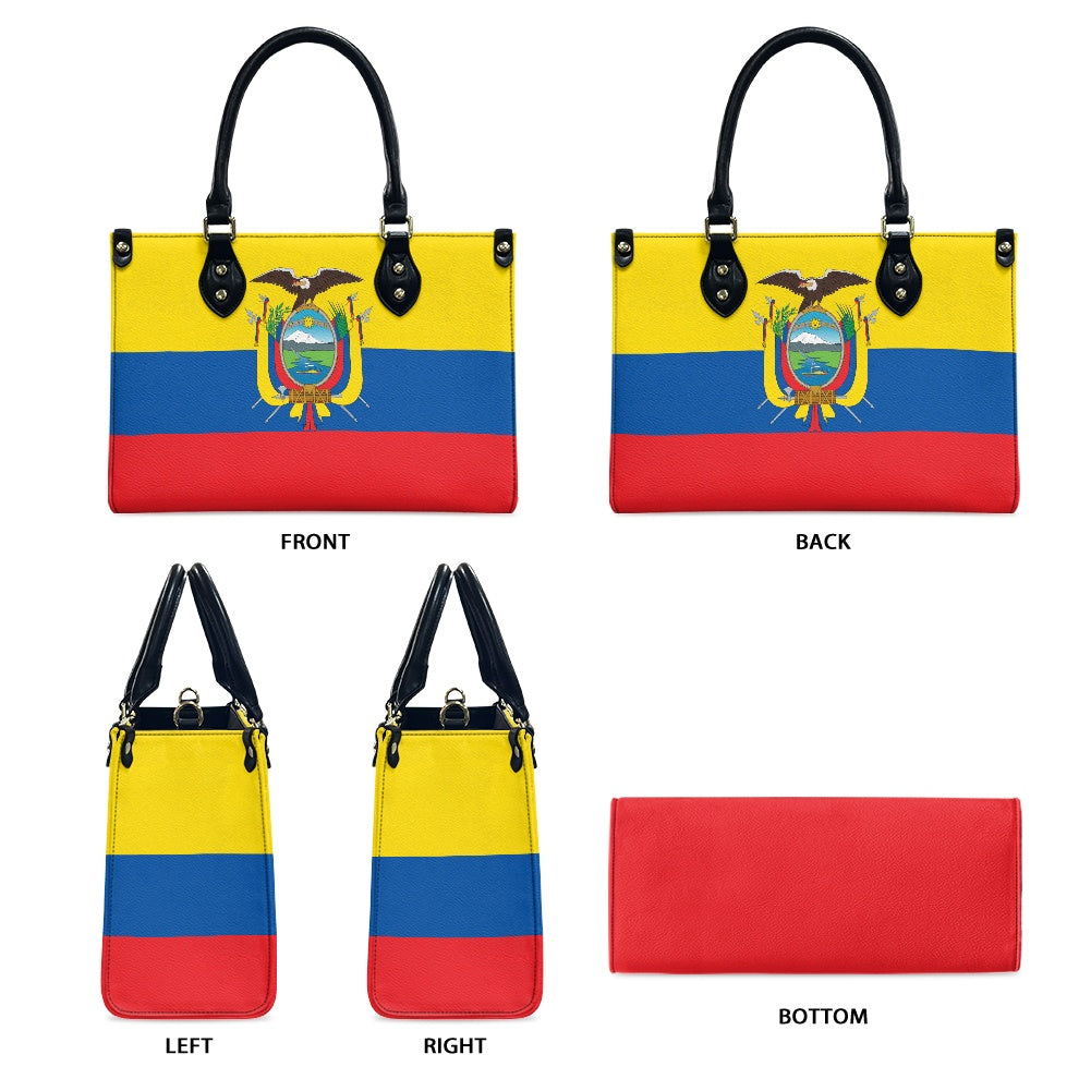 Handbag featuring Ecuadorian flag design from [Brand], multiple views.