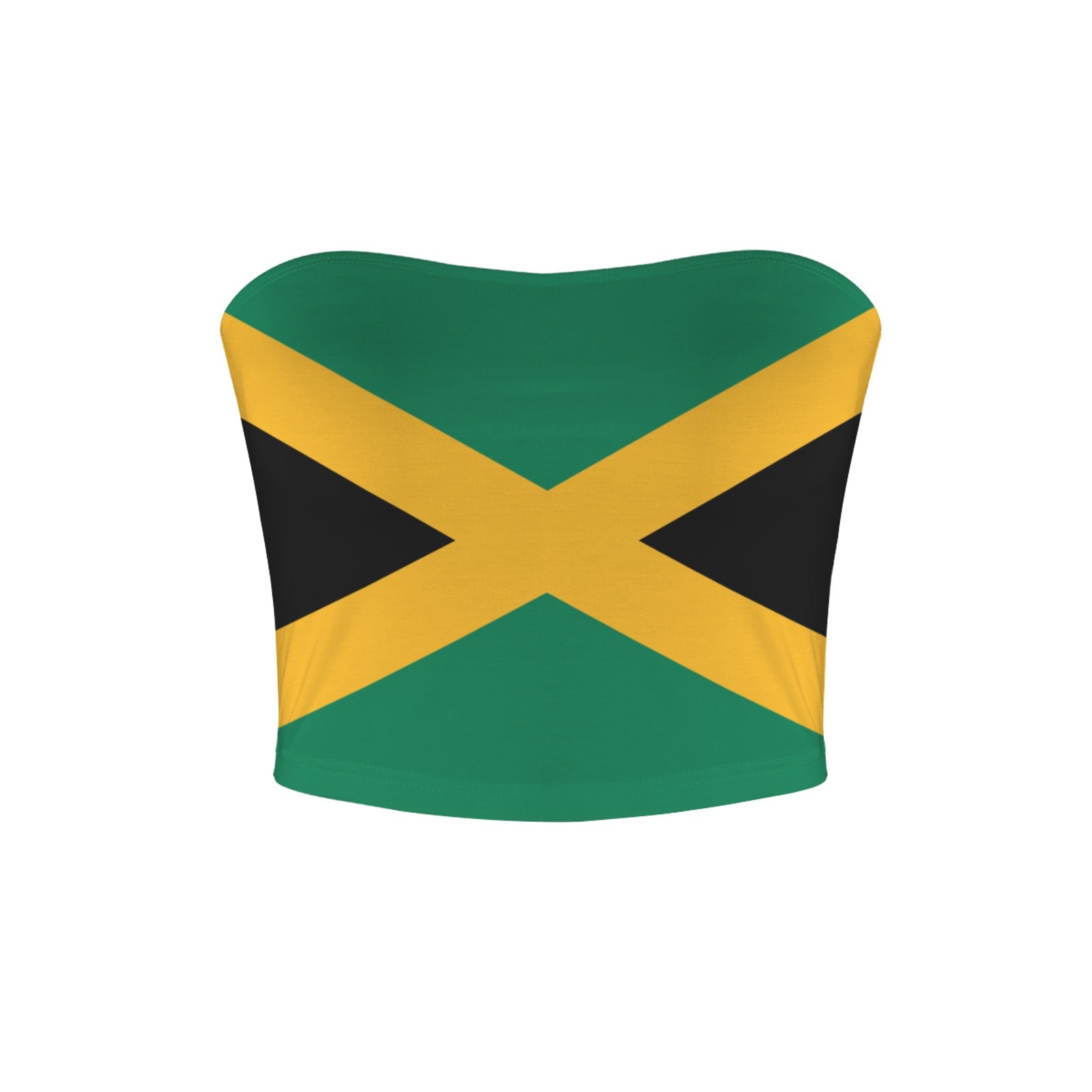 [Brand] strapless top featuring vibrant Jamaican flag design.