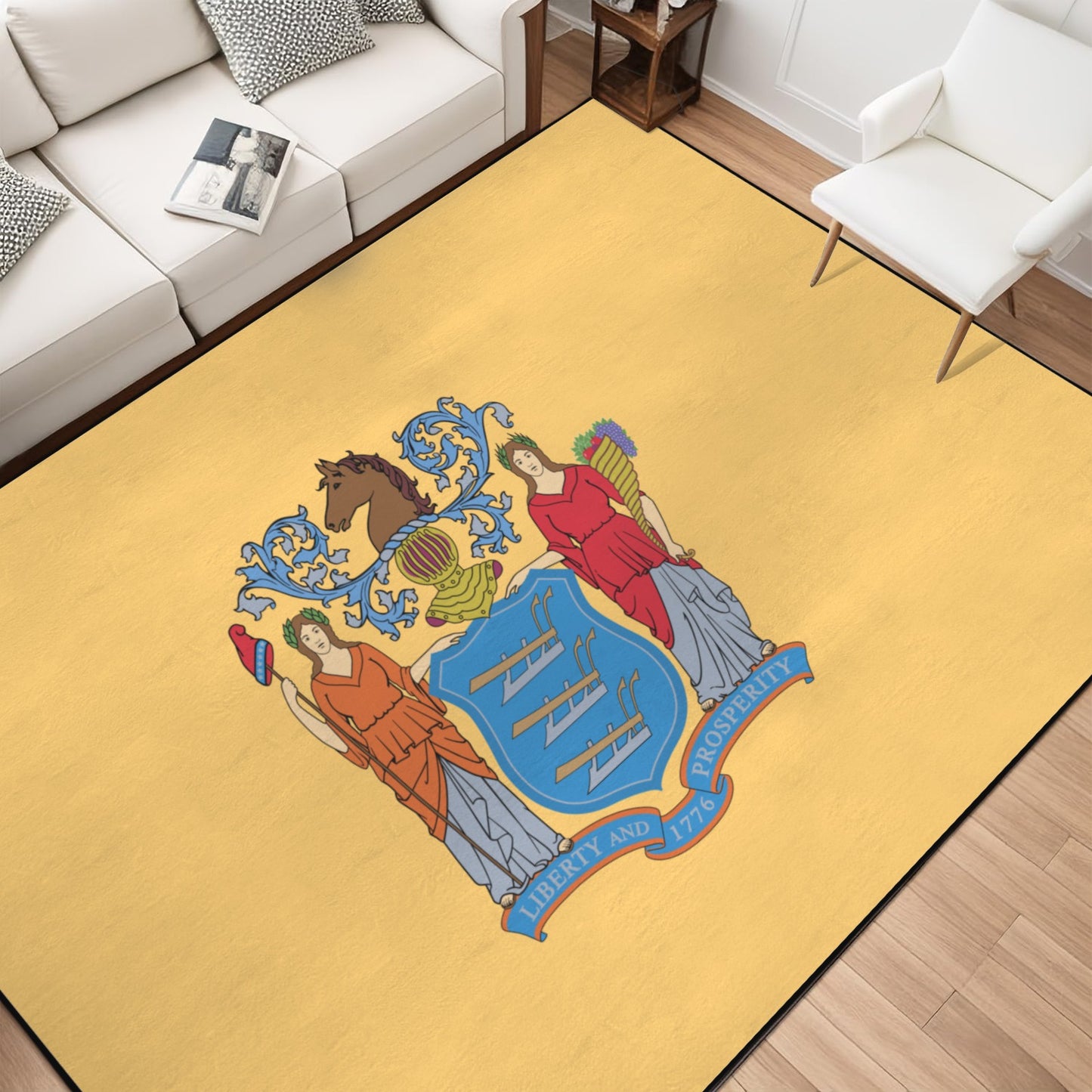 New Jersey Flag Inspired 84x60 Inch Area Rug with Black Binding (Made in the USA)