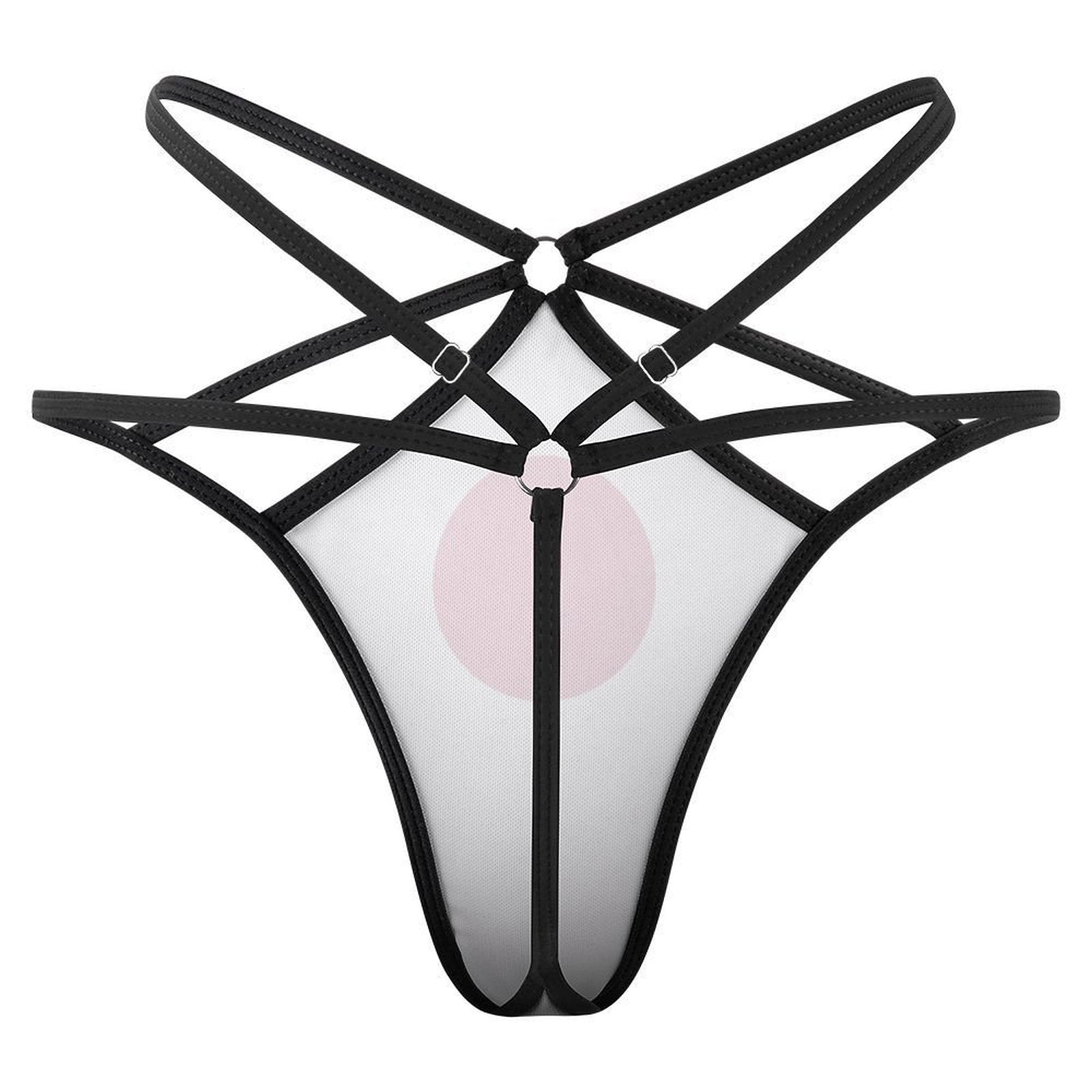 Black strappy lingerie with geometric design by [Brand].