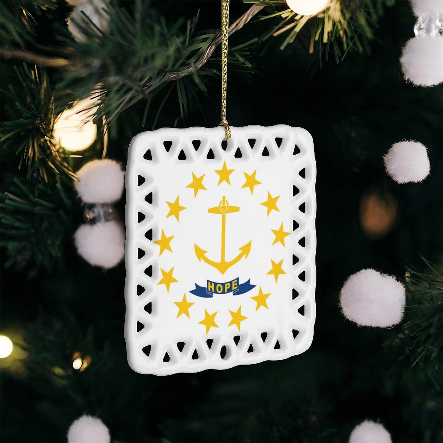 Rhode Island Flag Inspired Square Ceramic Ornament Made in the USA