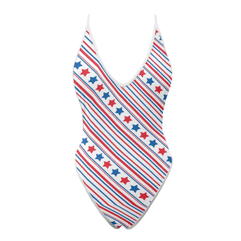 USA/American Flag Inspired Stars & Stripes Pattern One-Piece Thong Swimsuit