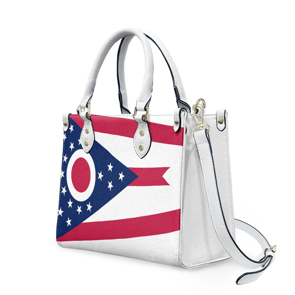 [Brand] handbag featuring Ohio flag design, white leather trim.