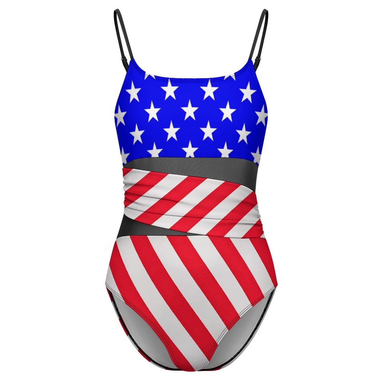 USA/American Flag Inspired Women's Square Neck Mesh Spliced One Piece Swimsuit
