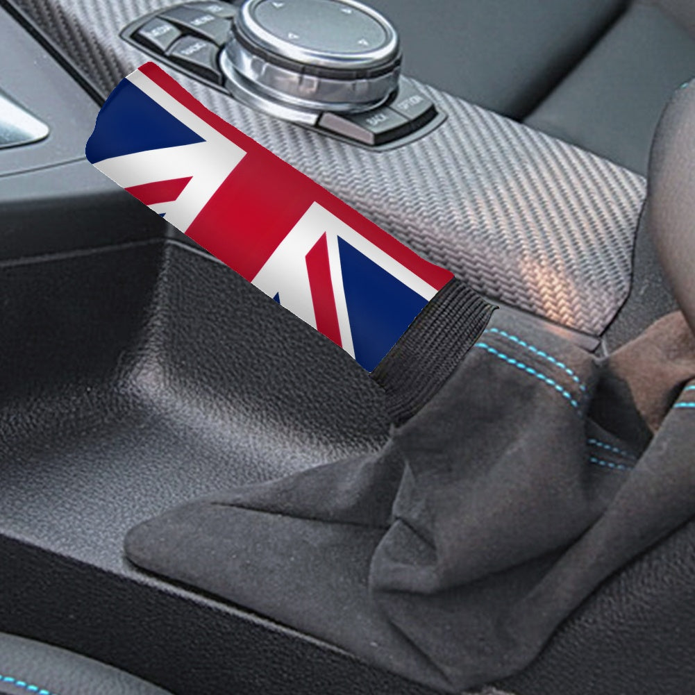 Car interior with [Brand] Union Jack gear shift cover.