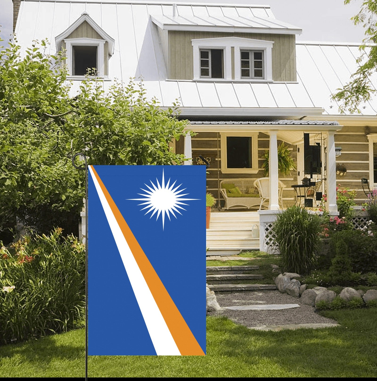 Front porch with [Luv My Flag], vibrant blue design.