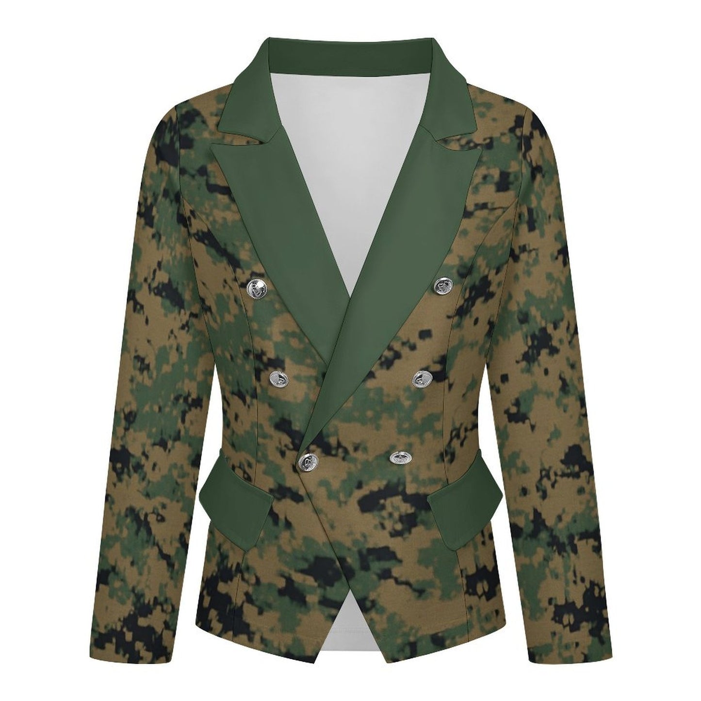 Thin Green Line Flag Inspired On Digital Camo Women’s Double Breasted Blazer