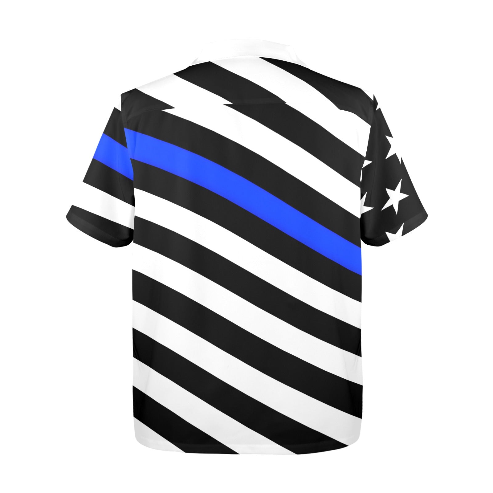 [Brand] shirt with black stripes, blue line, white stars.