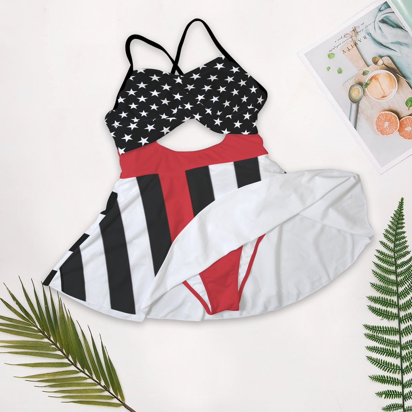 Thin Red Line Flag Inspired Women's One-Piece Swimsuit with Cutout Crisscross Back