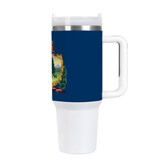 [Brand] travel mug with Vermont state flag design.