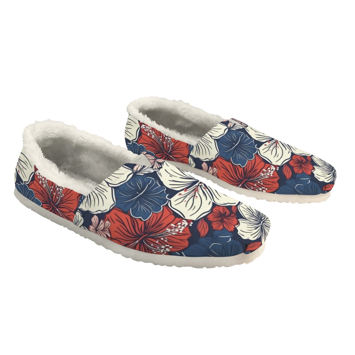 USA/American Flag Inspired Hawaiian Floral Pattern Women's Fleece-Lined Canvas Slip-On