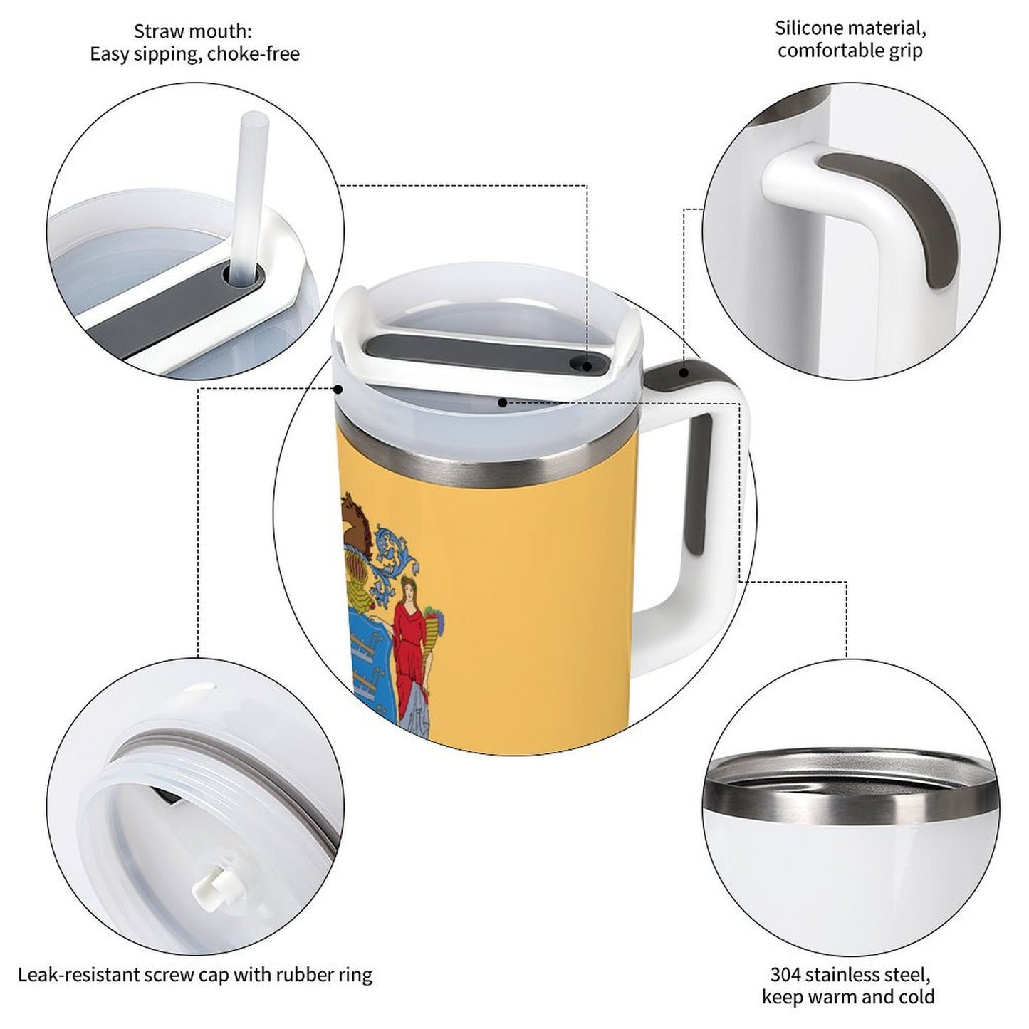 [Brand] tumbler with illustrations, silicone grip, and straw mouth.