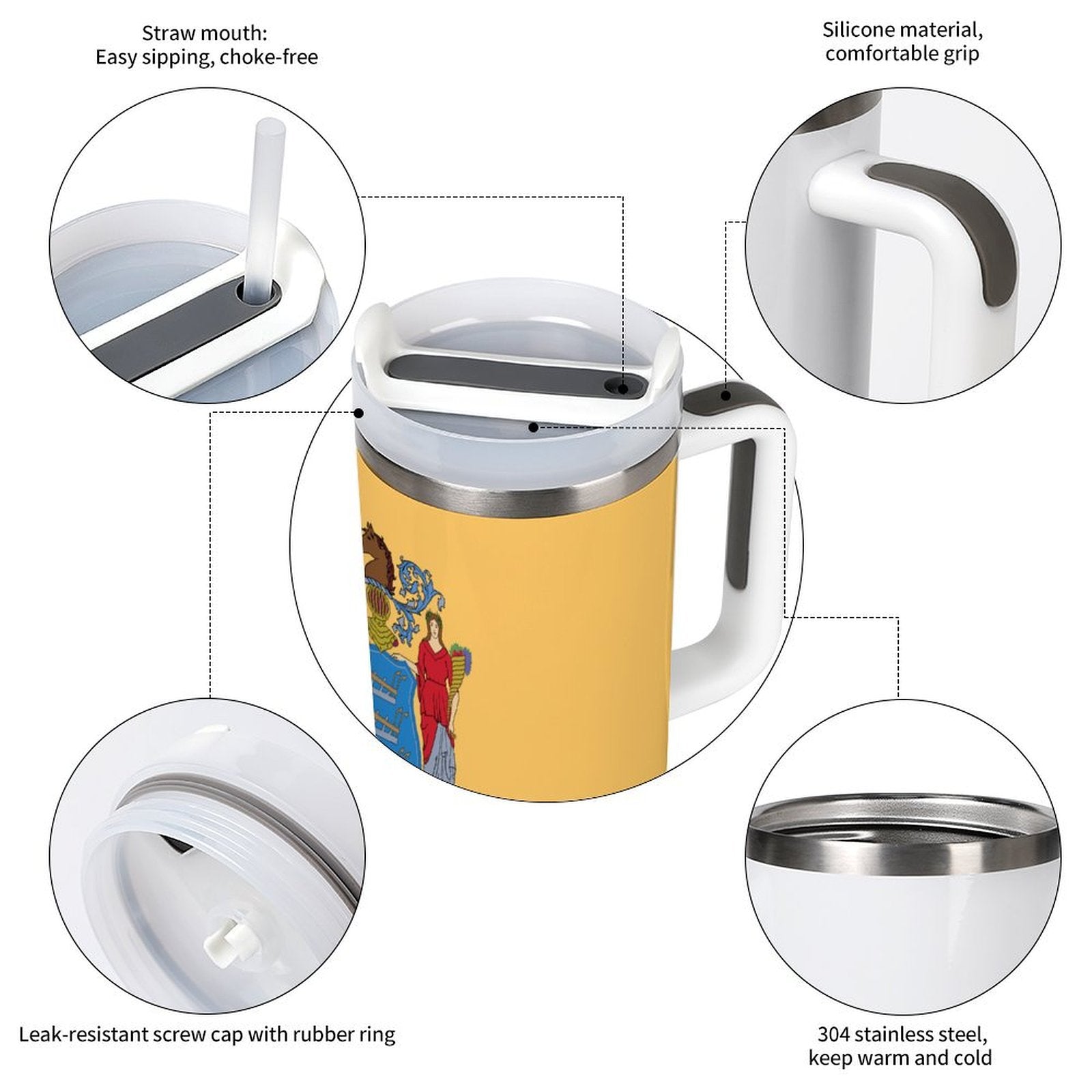 [Brand] tumbler with illustrations, silicone grip, and straw mouth.