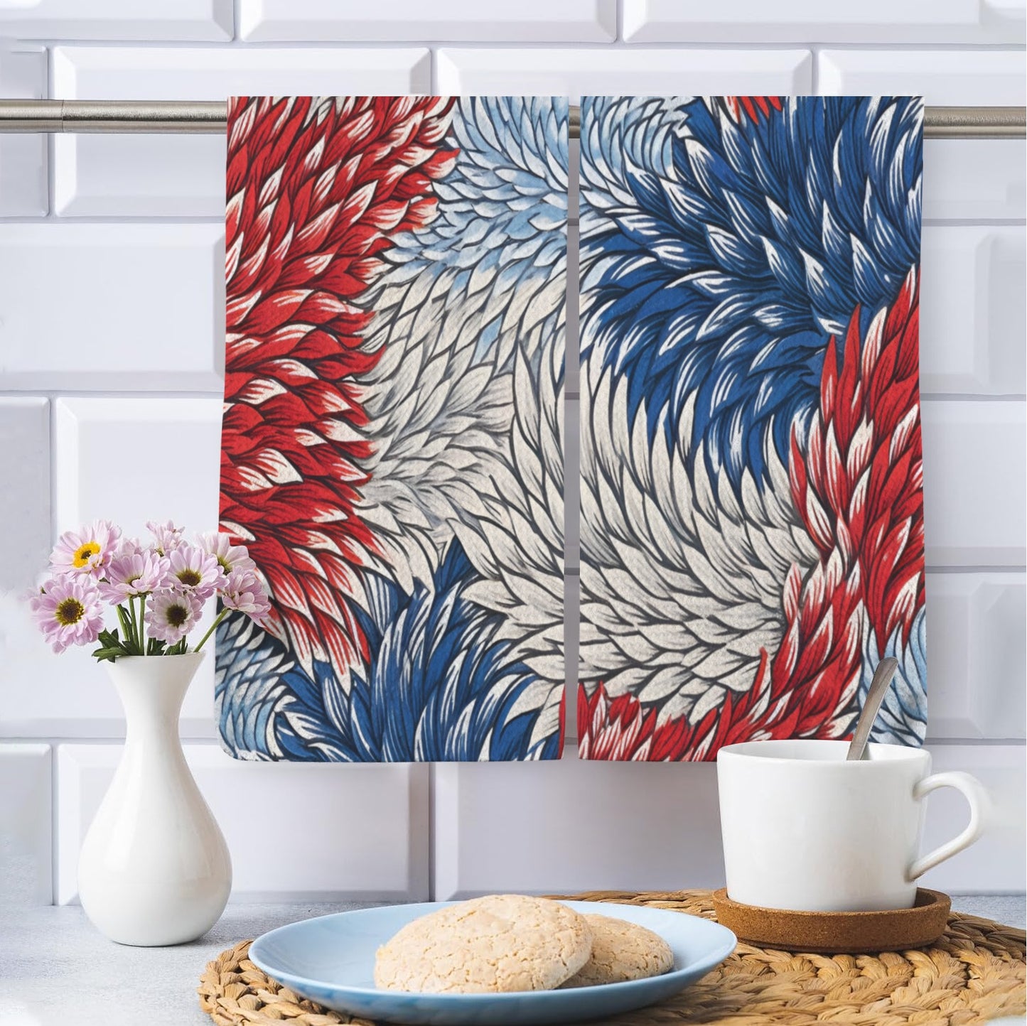 USA/American Flag Inspired Red White & Blue Floral Pattern Kitchen Towel 40X60cm (Pack of 2) (Made in the USA)