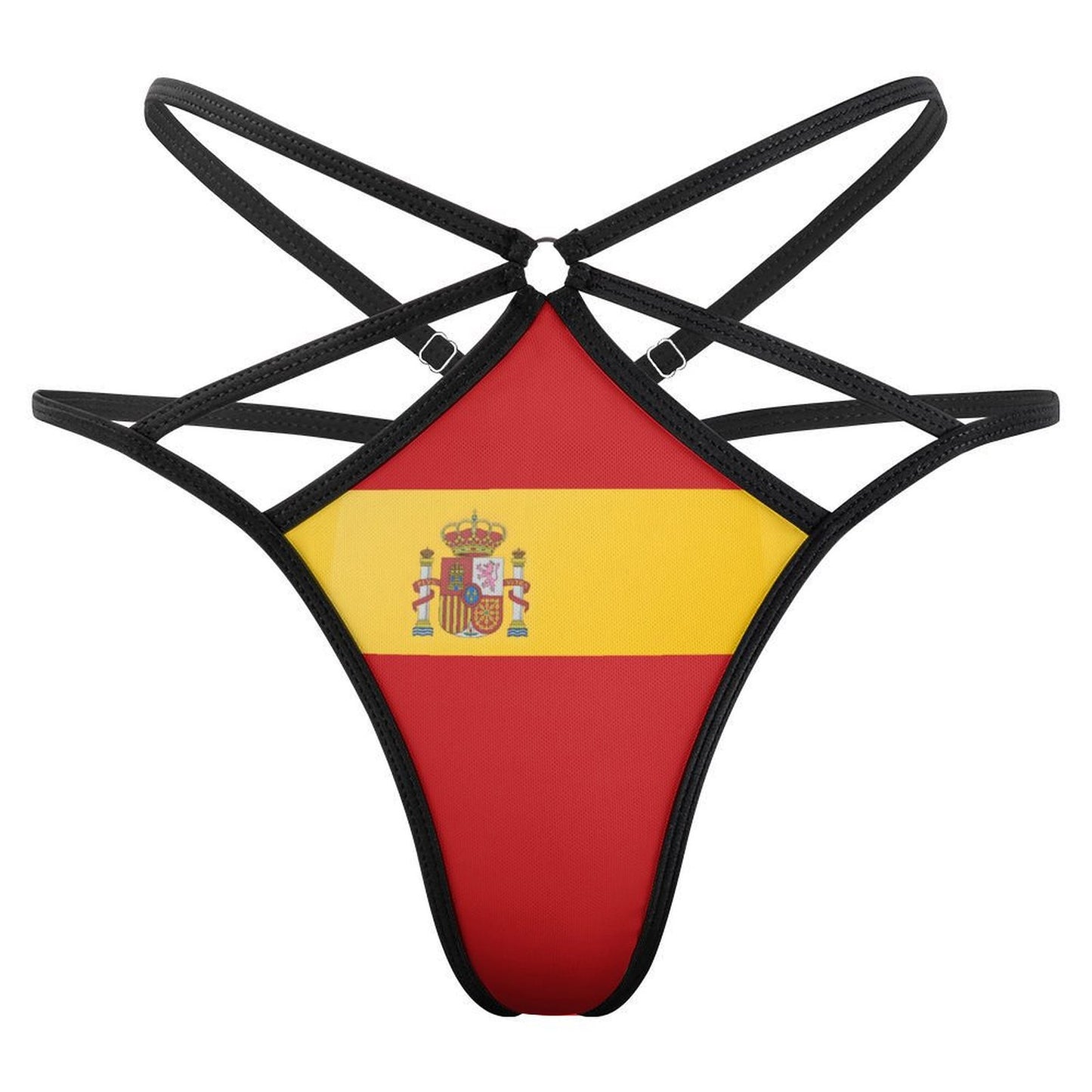[Brand] Spanish flag-themed strappy bikini bottom with black accents.