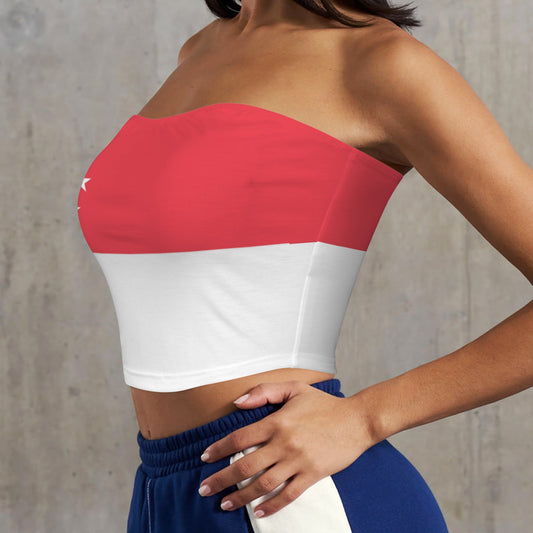 [Brand] red and white strapless top with blue pants.