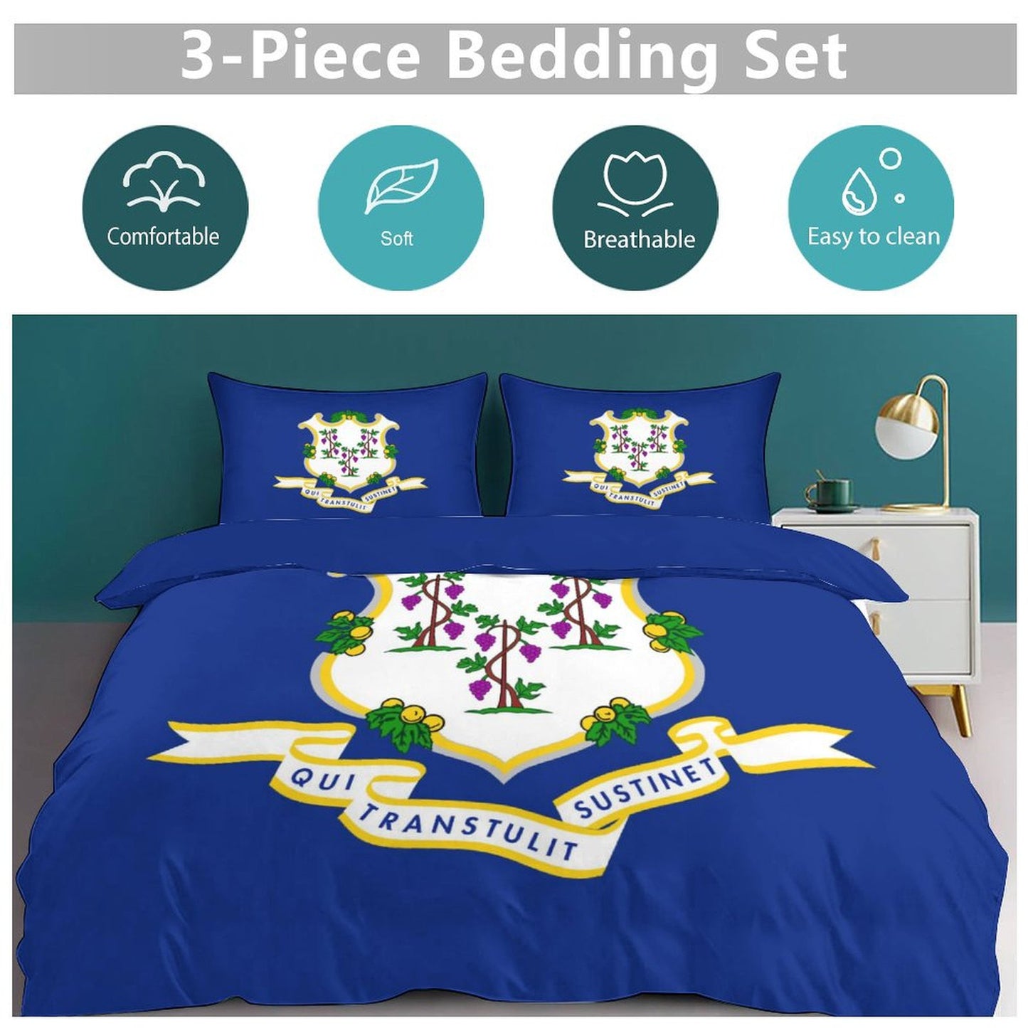 Connecticut Flag Inspired 3-Piece Bedding Set (1 Duvet Cover + 2 Pillow Shams) – 102"×90"