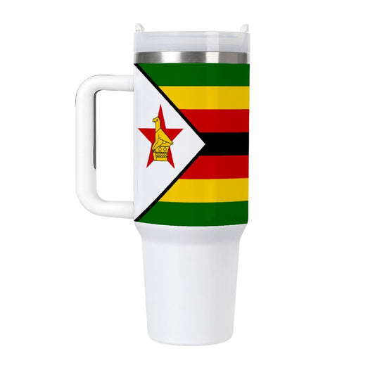 White travel mug featuring Zimbabwe flag design by [Brand].