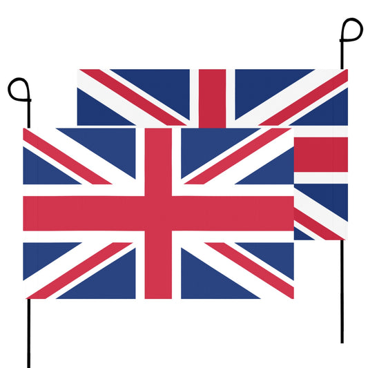 Two Union Jack flags on poles, Luv My Flag.