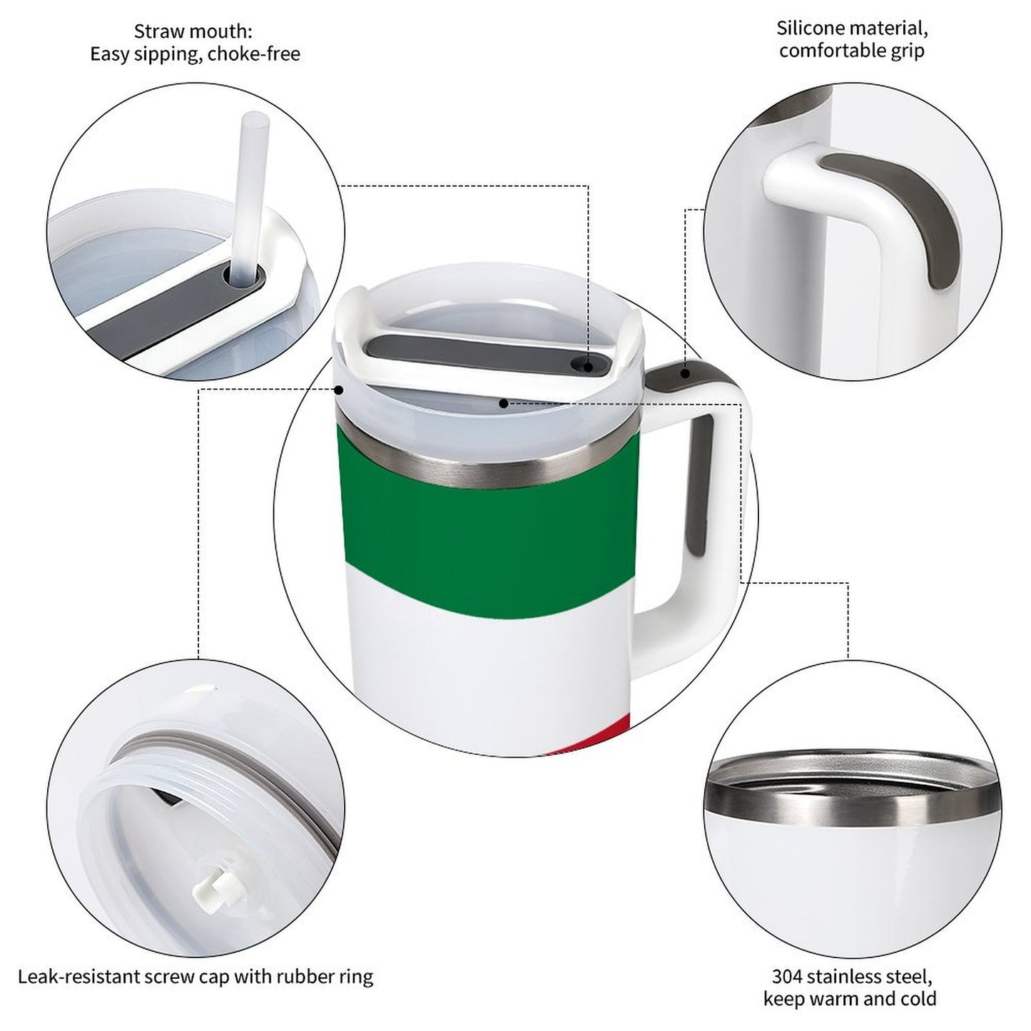 [Brand] tumbler with silicone grip and straw mouth feature.
