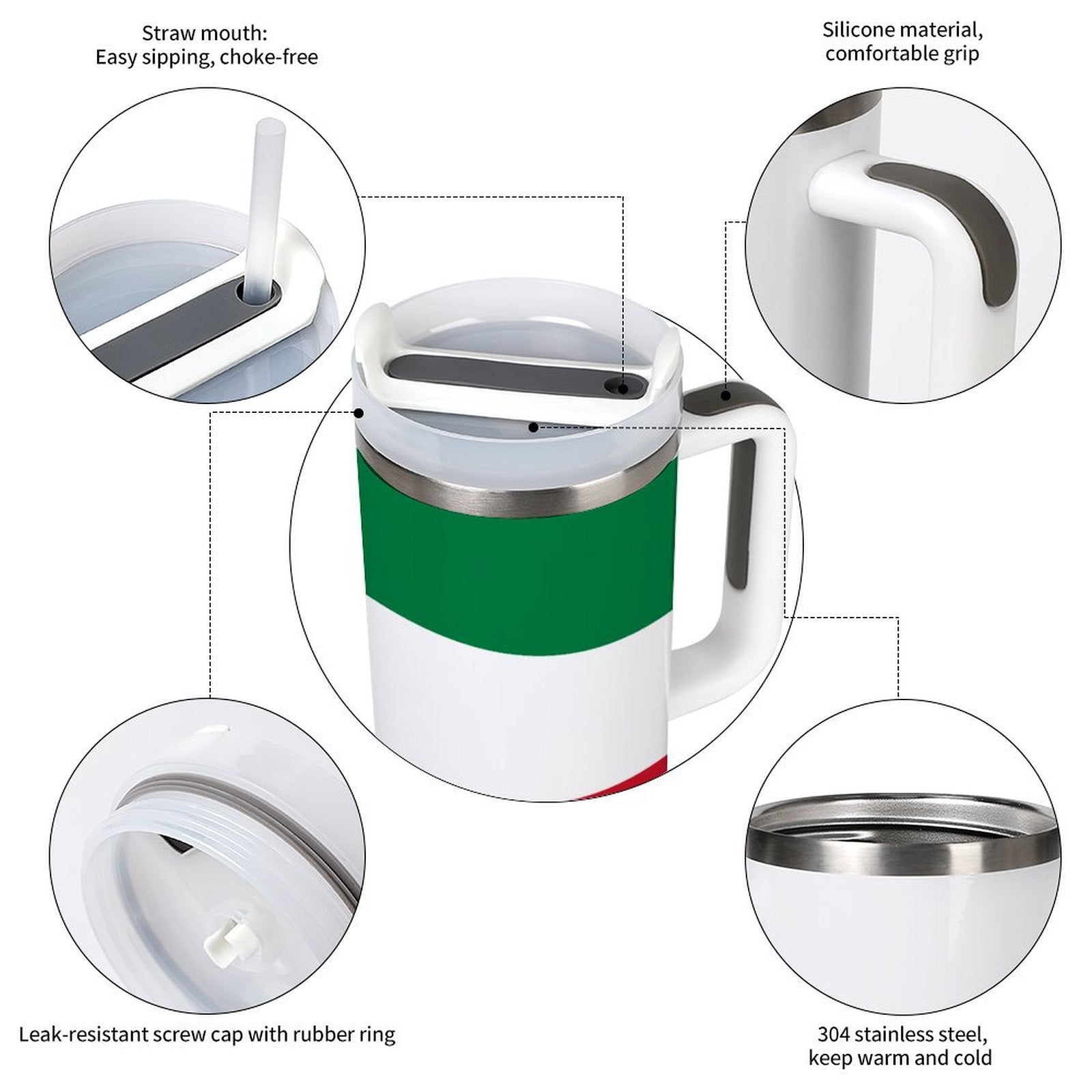 [Brand] tumbler with silicone grip and straw mouth feature.