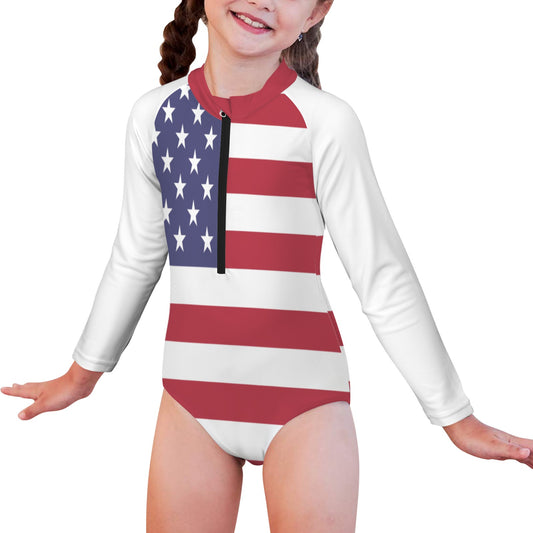 USA/American Flag Little Girls' Long Sleeve One-Piece Swimsuit