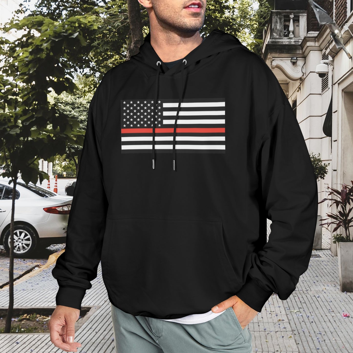 Thin Red Line Flag Inspired Men's Hoodie (Made in the USA)