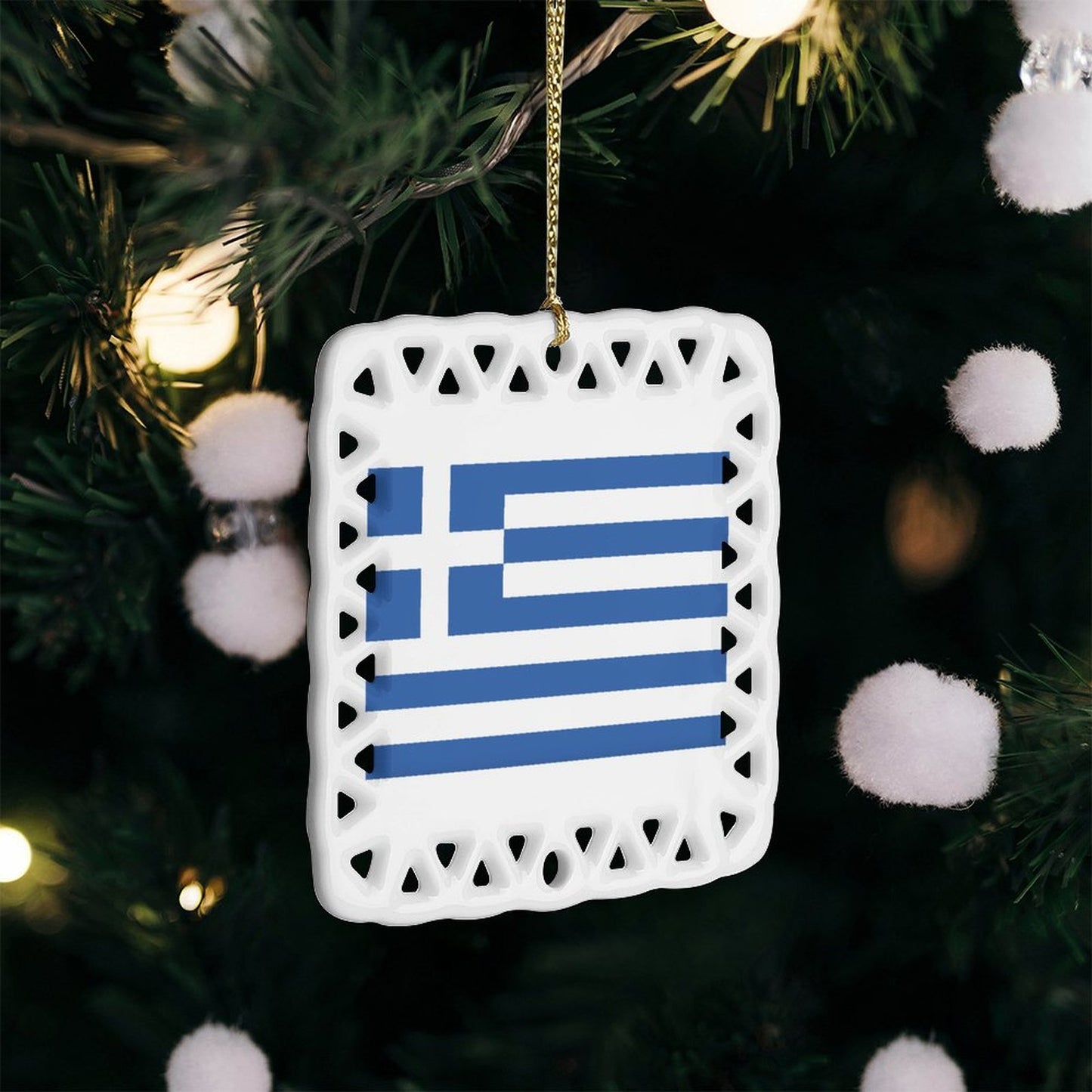 Greece Flag Inspired Square Ceramic Ornament Made in the USA